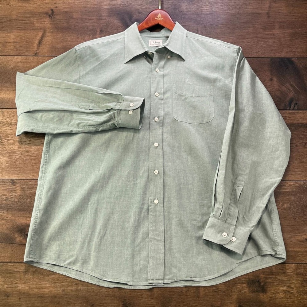 Vintage L.L.Bean Mens L Sage Green 100% Cotton Chambray Button Down Shirt